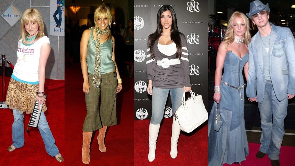 Montage of celebs wearing cringey 2000s fashion including Britney and Justin Timberlake wearing an all-denim dress and suit combo
