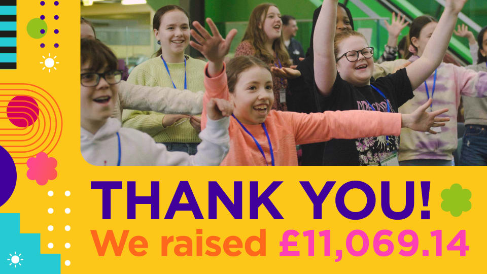 Bright graphic with text: Thank you, we raised £11,069.54 and an image of young singers enjoying a workshop