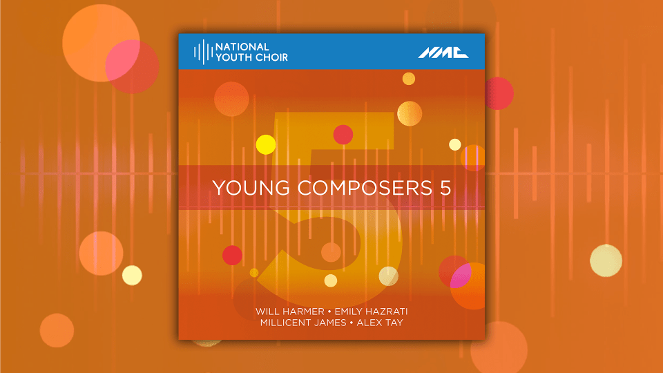 Album cover for Young Composers 5 featuring orange soundbar graphics with a large 5